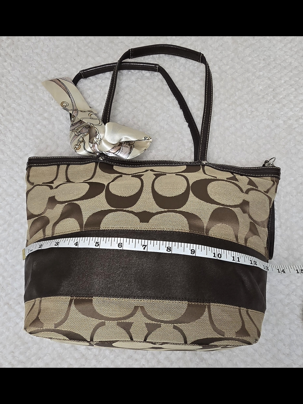 Coach Signature Stripe Canvas Tote Bag Brown Khaki Leather Trim Zip Top - Picture 10 of 11